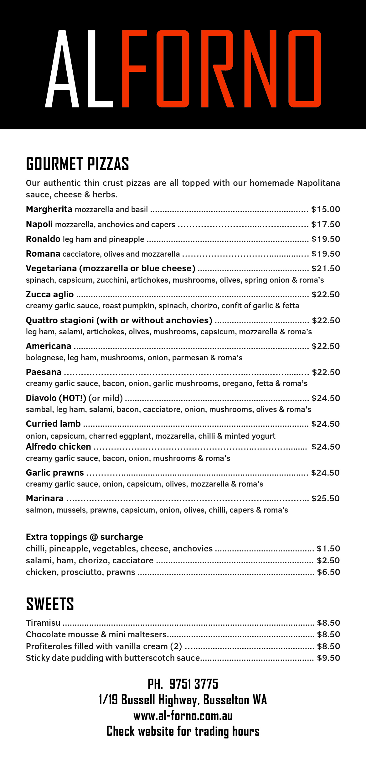 Take Away Pizza Al Forno Dine In & Take Away Gourmet Pizza & Fine